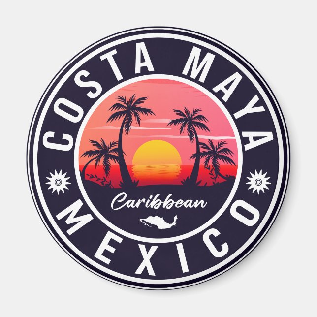 Imán Costa Maya México Retro Sunset Souvenirs Palm Tree (Frente)
