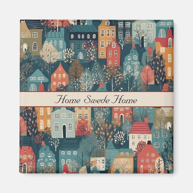 Imán Cosy Hygge Village Nordic Folk Art, personalizado (Frente)
