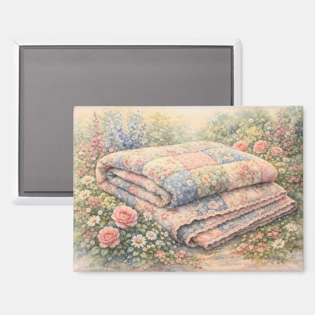 Imán Cottagecore Floral Patchwork Quilt Watercolor (Anverso/Reverso)