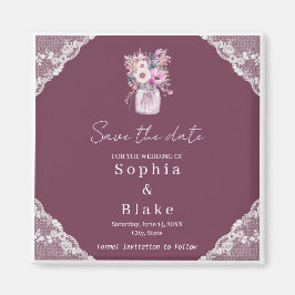 Imán Country Lace Mason Jar Burgundy salva la fecha