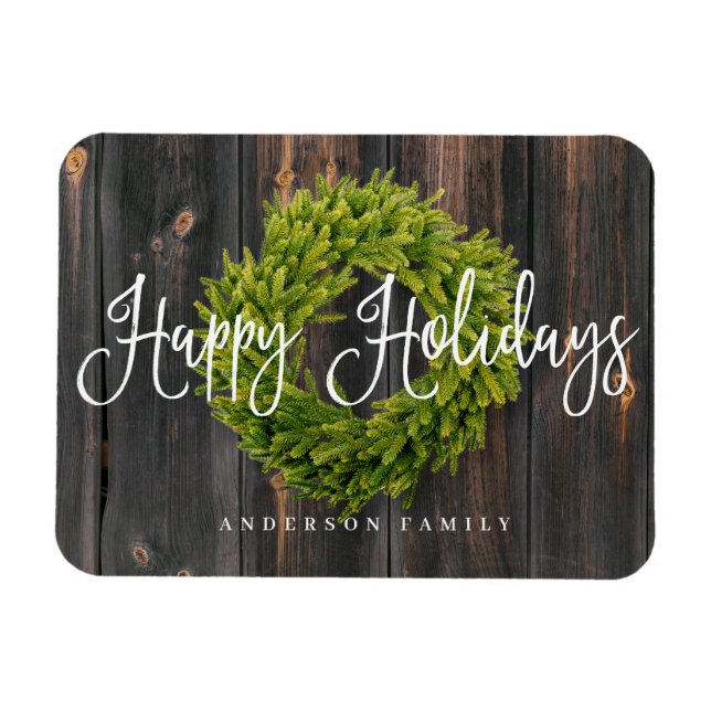 Imán Country Rustic Wood Wreath Feliz Saludo de las Fie (Horizontal)