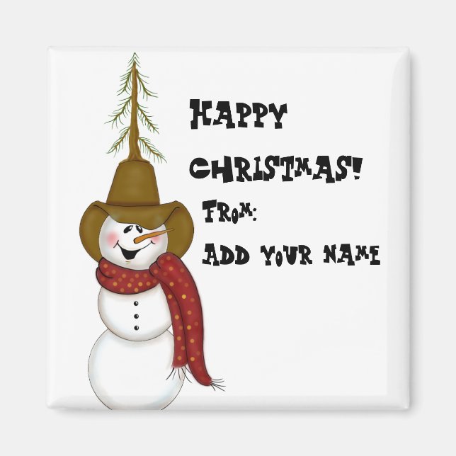 Imán Cowboy De Arte Popular Cute Snowman (Frente)