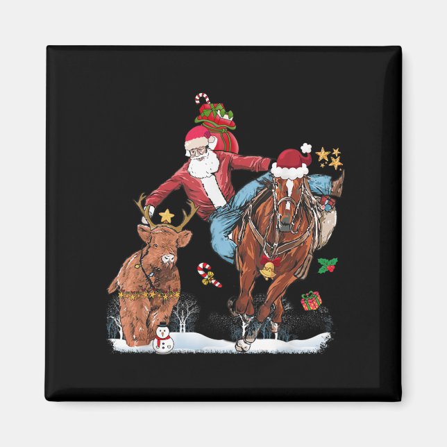 Imán Cowboy Santa Bulldogging Western Cowboy Xmas Funny (Frente)