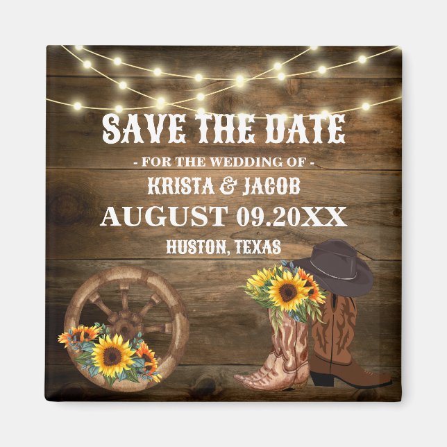 Imán Cowboy Sunflower Western Wedding Salva la fecha (Frente)
