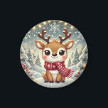 Imán Cozy Christmas Reindeer in a Winter Wonderland<br><div class="desc">A charming and festive illustration of a cheerful reindeer wearing a cozy red scarf, surrounded by delicate snowflakes and glowing fairy lights. The reindeer is depicted in a whimsical, cartoonish style, radiating warmth and joy. Set against a snowy winter wonderland, this artwork captures the magic of the holiday season, making...</div>