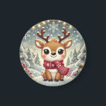Imán Cozy Christmas Reindeer in a Winter Wonderland<br><div class="desc">A charming and festive illustration of a cheerful reindeer wearing a cozy red scarf, surrounded by delicate snowflakes and glowing fairy lights. The reindeer is depicted in a whimsical, cartoonish style, radiating warmth and joy. Set against a snowy winter wonderland, this artwork captures the magic of the holiday season, making...</div>