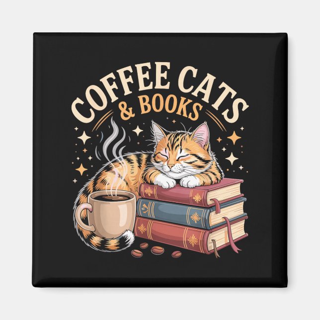 Imán Cozy Reading Cat Coffee And Books Lover Artwork  (Frente)