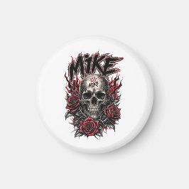 Imán Cráneo gótico de Mike con rosas rojas y llamas