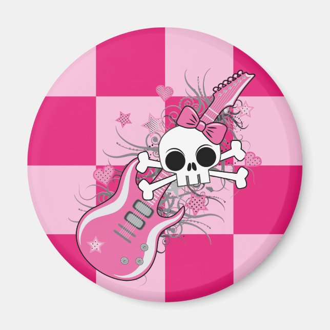 Imán Cráneo lindo con guitarra rosa (Frente)