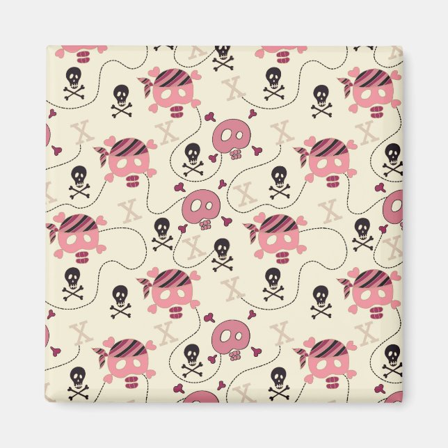 Imán Cráneo retro rosado de cráneo y huesos (Frente)