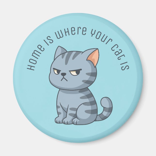 Imán Cranky Grey Tabby Cat Custom Text Blue (Frente)