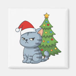 Imán Cranky Grey Tabby Cat Red Hat Christmas Tree