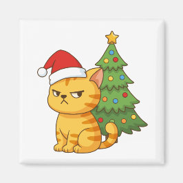 Imán Cranky Orange Tabby Cat Red Hat Christmas Tree