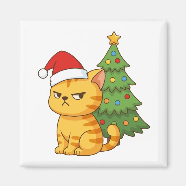 Imán Cranky Orange Tabby Cat Red Hat Christmas Tree (Frente)