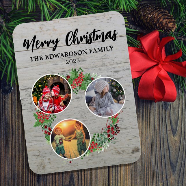 Imán Crea tu propio collage de fotos familiares de navi (Photo magnet with your own Christmas Family photo collage on rustic wood. Merry Christmas wishes.)