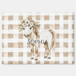 Imán Cream White Plaid Stripes Horse Birthday