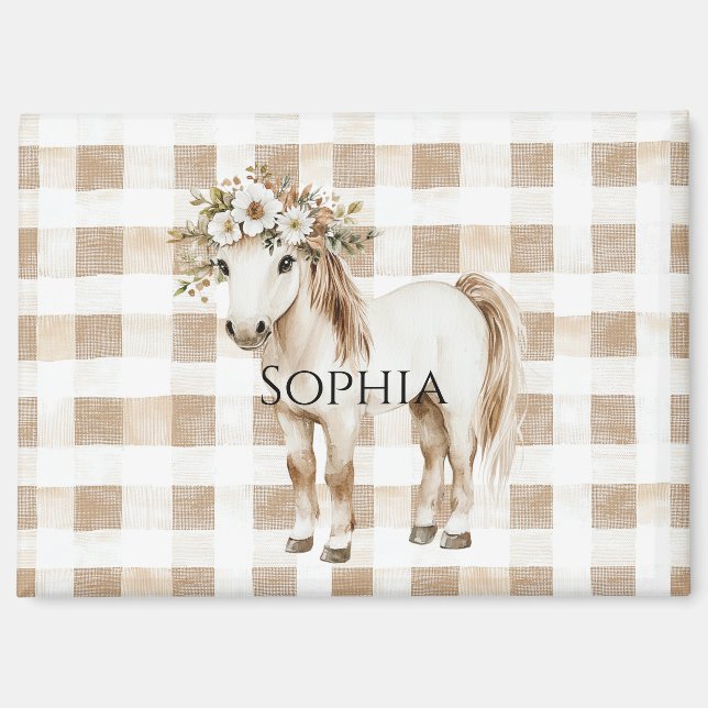 Imán Cream White Plaid Stripes Horse Birthday (Anverso)
