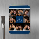 Imán Crear su propio monograma de Collage de fotos Boda<br><div class="desc">Fondo azul marino y blanco - Usa 8 fotos cuadradas para crear un regalo de aniversario único y personal. Añade las iniciales y la fecha de la novia y del novio. Si necesita ajustar las imágenes o monogramas,  haga clic en la herramienta personalizar para realizar cambios.</div>