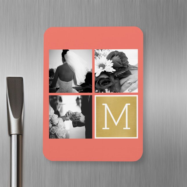 Imán Crear su propio monograma de Collage de fotos Boda (Personalized fridge magnet with photos and text)