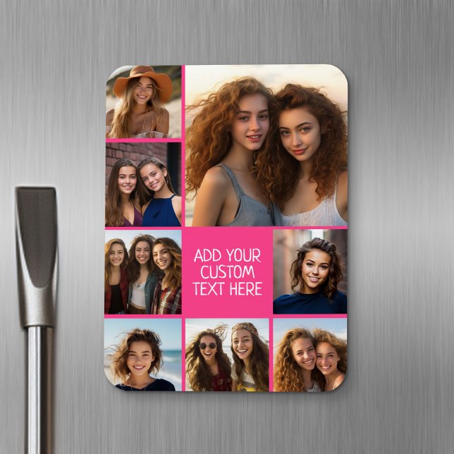 Imán Crear un Collage de fotos Personalizado con 8 foto (Personalized fridge magnet - add photos and custom text)
