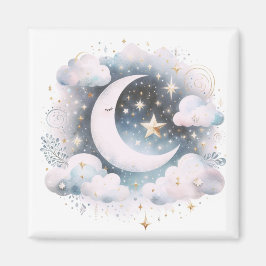 Imán Creciente Luna Celeste Boho Moderno Azul y Blanco