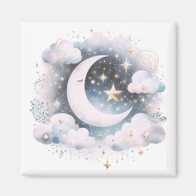 Imán Creciente Luna Celeste Boho Moderno Azul y Blanco (Frente)