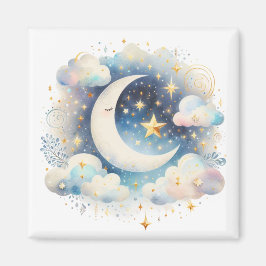 Imán Creciente Luna Celeste Boho Moderno Azul y Blanco