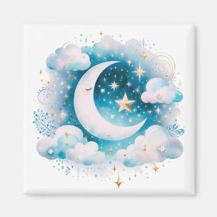 Imán Creciente Luna Celeste Boho Moderno Azul y Blanco