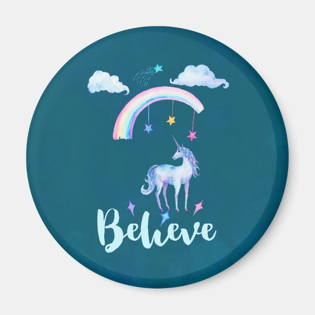 Imán Creer con un unicornio bajo un arcoiris (Frente)