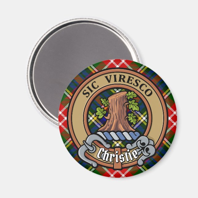 Imán Crestón del Clan Christie sobre tartán (Anverso/Reverso)