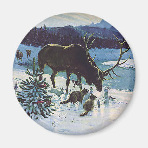 Imán Criaturas de selva de época y alce en la nieve de