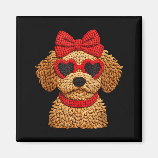 Imán Crochet Puppy Heart Sungles Red Bow Valentines Day (Frente)