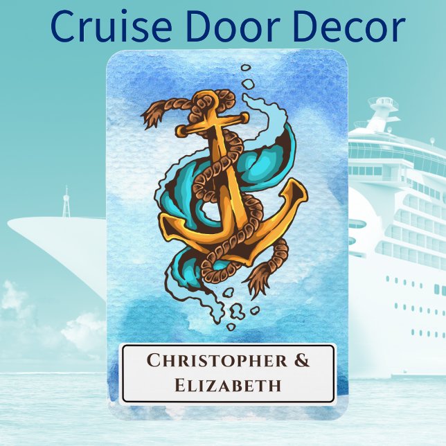 Imán Cruceros personalizados con marca de puerta estero (Cruise Ship Vacation Door Decor. Nautical anchor theme. With monogram names.)