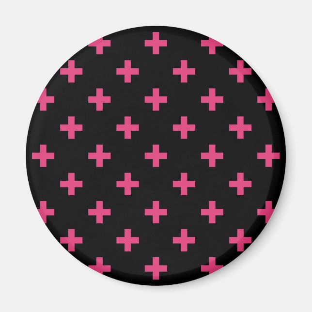 Imán Cruces de polka de Fuchsia sobre negro (Frente)