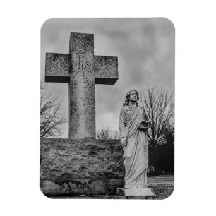 Imán Crucifijo y ángel en blanco y negro