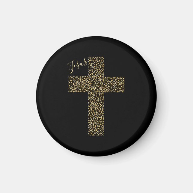 Imán Cruz de oro de Jesús de moda negro (Frente)