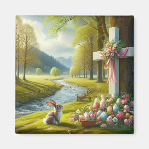Imán Cruz de Pascua con conejo y huevos