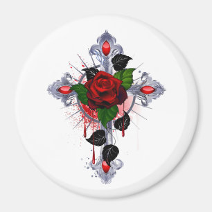 Imán Cruz de Plata con una Rosa Roja