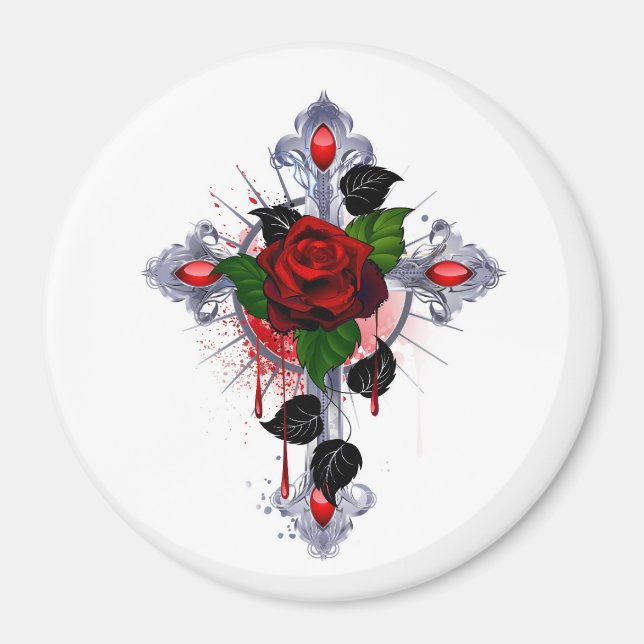 Imán Cruz de Plata con una Rosa Roja (Frente)