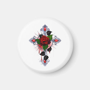 Imán Cruz de Plata con una Rosa Roja