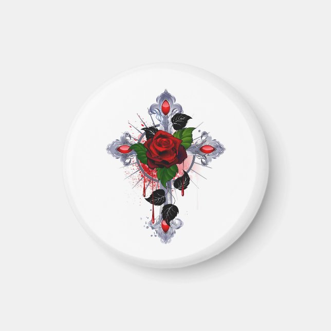 Imán Cruz de Plata con una Rosa Roja (Frente)