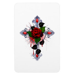 Imán Cruz de Plata con una Rosa Roja