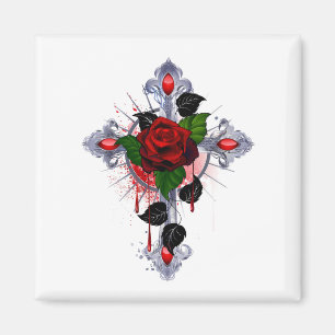 Imán Cruz de Plata con una Rosa Roja