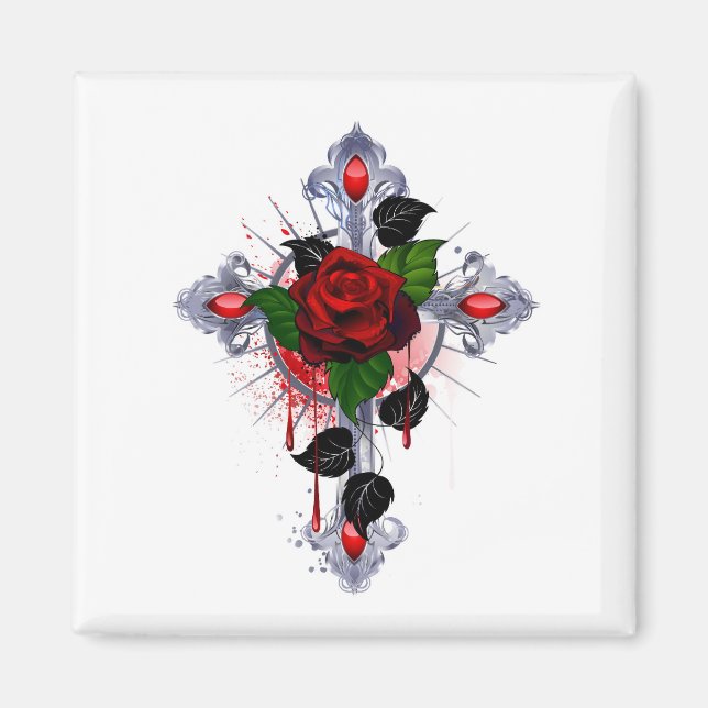 Imán Cruz de Plata con una Rosa Roja (Frente)