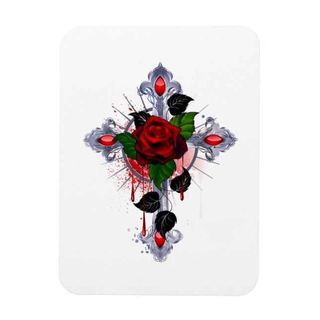 Imán Cruz de Plata con una Rosa Roja (Vertical)