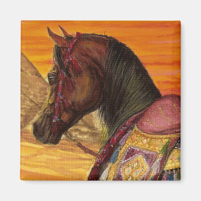 Imán cuadrado de caballos Red & Gold Arabian (Frente)