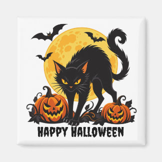 Imán cuadrado de gato negro feliz Halloween