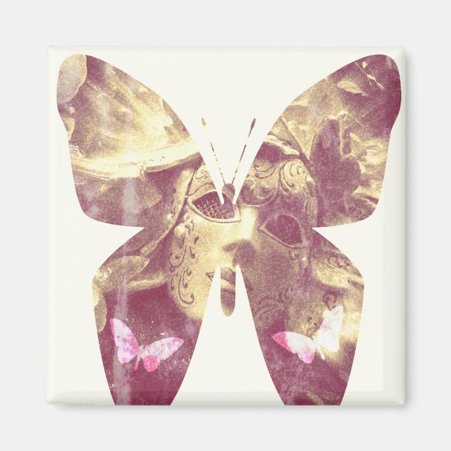 Imán cuadrado de mariposa rosa (Frente)
