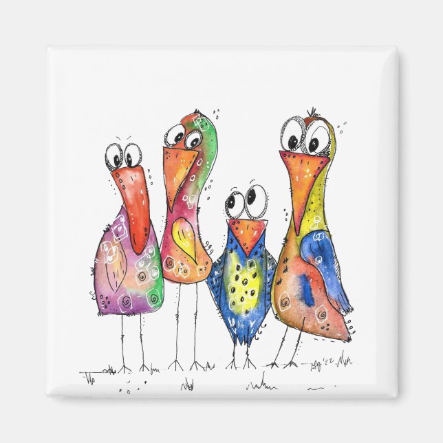 Imán Cuatro pájaros coloridos y mullidos (Frente)