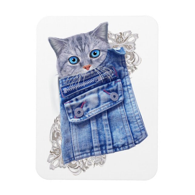 Imán Cubos de Denim Jean, gatitos y encaje (Vertical)